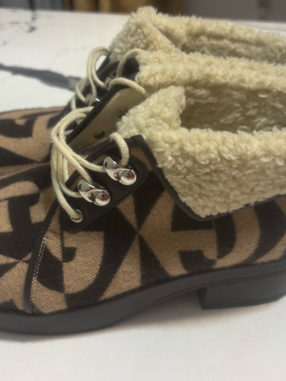 Gucci Beige and Brown GG Logo Shearling-Trim Boots - Picture 2 of 6
